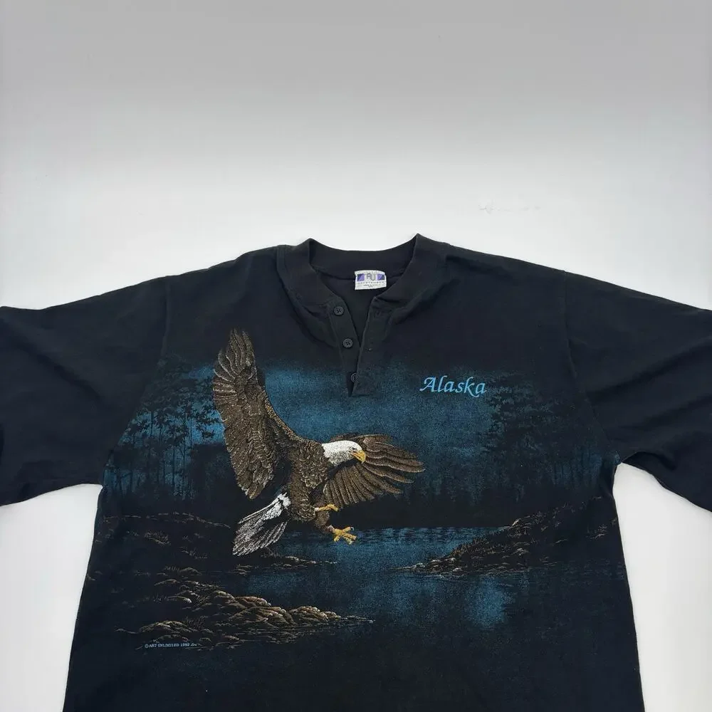 Vintage 90s Art Unlimited Henley T Shirt XXL 2XL Bald Eagle Nature 1992 - Picture 4 of 9